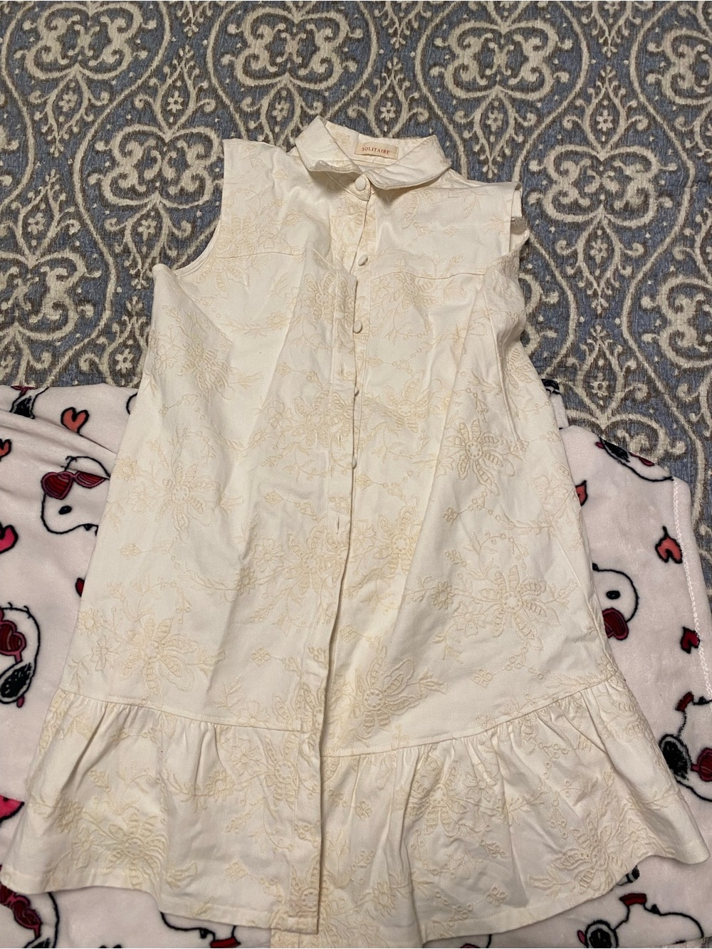 Girls Cream Embroidered Sleeveless Button-Front Dress Top - Unknown Brand
